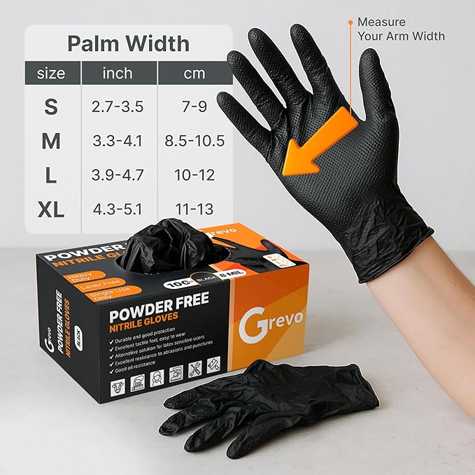 Disposable 5 & 8 Mil Black Nitrile Gloves S-XL – Heavy Duty Latex & Powder-Free – Textured, Chemical-Resistant