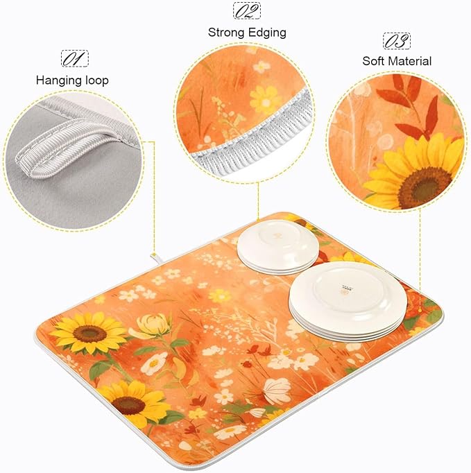 Fall Dish Drying Mat Microfiber Dish Drying Pads Kitchen Counter Draining Pad Sunflower Cornflower Poppy 16 x 18 Inches