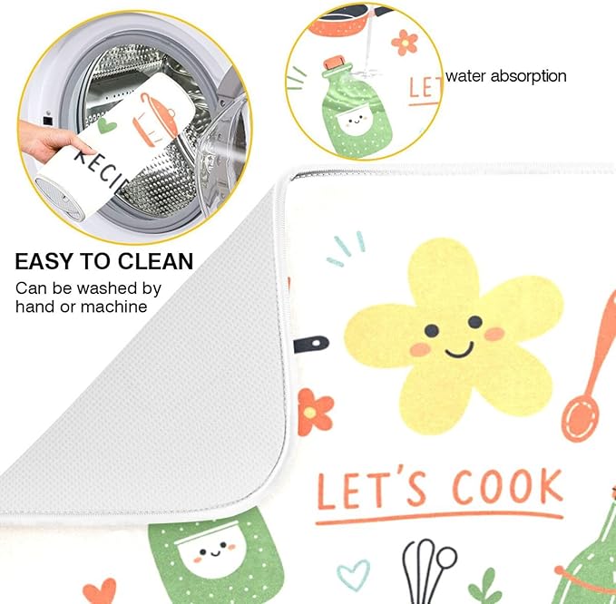Kitchen Drying Mat Absorbent Dish Drying Mat for Kitchen Counter Kitchen Doodle Pattern Microfiber Drying Mat 18 x 16 Inches