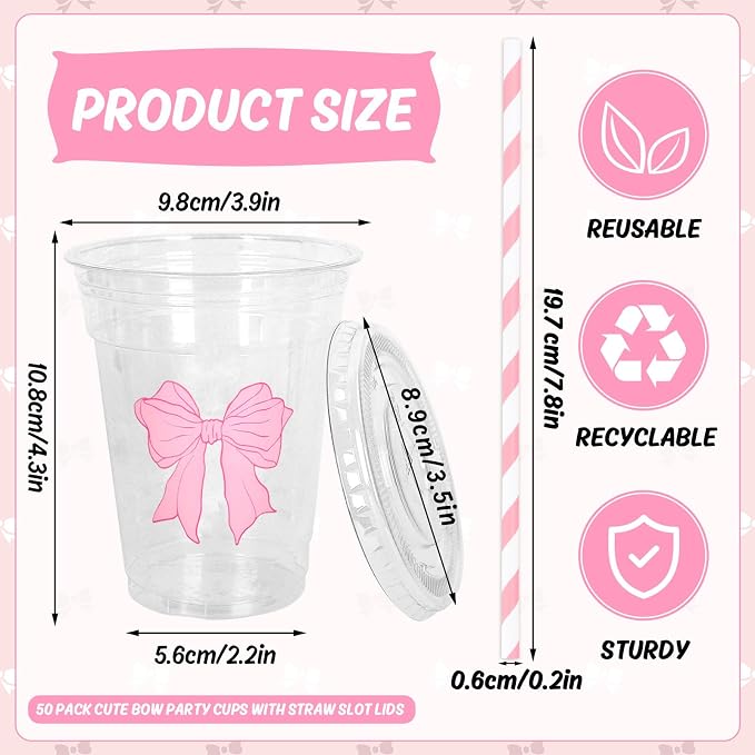 Whaline 50 Pcs Pink Bow Disposable Plastic Cups with Lids and Straws 12 Oz Coquette Ribbon Bow Cold Beverage Drinking Cups for Wedding Birthday Baby Shower Party Supplies