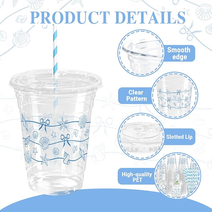 50 Sets Ocean Plastic Cups with Lids Straws 12 oz Blue Starfish Seashell Bow Disposable Cups Clear Under The Sea Drinking Cold Beverage Cup for Summer Beach Party Supplies