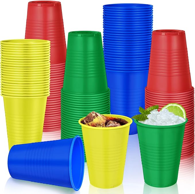 Funnymoom 100 Pcs 12 oz Red Yellow Blue Green Disposable Plastic Cups Party Drinking Colored Water Beverage Cups for Barbecues Picnics Festival Birthday Party Supplies