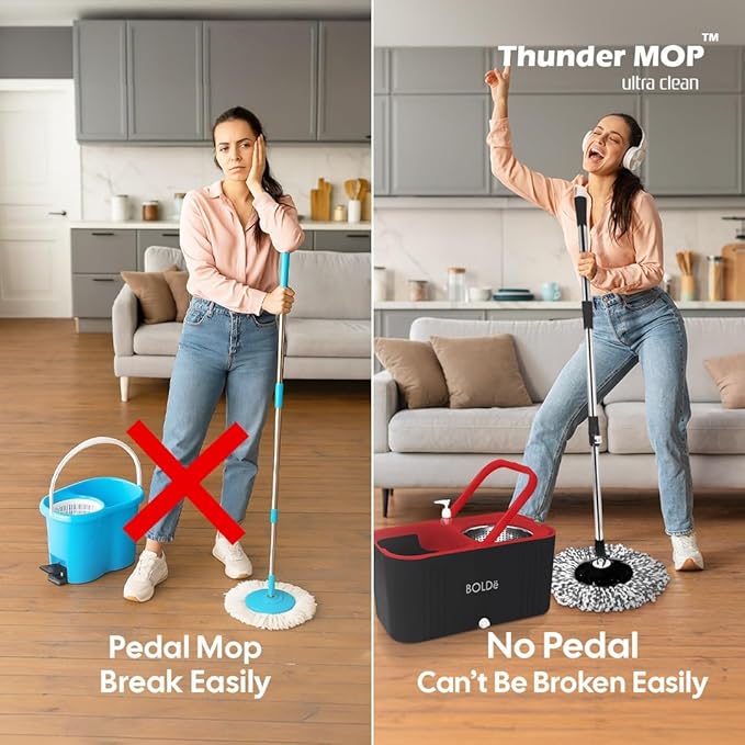 Thunder MOP Spin System - Ultra Clean - Single Bucket Microfiber Head, Stainless Steel Wringer, Antifungal Quick-Dry Cleaning, Soap Dispenser, 3 Free Refills (Forest/Lime)