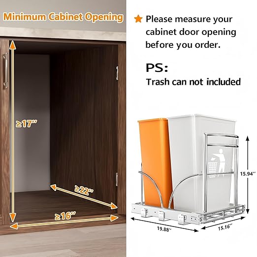 ANASTA Dual Pull Out Trash Can Under Cabinet Rack, No Can Included, Under Sink Trash Can Pull Out Holds Double 7-9 Gal/2 * 35 Qt Recycle Bin Garbage Can Combo, Inside Cabinet Size ≥16''W 22" D 17''H