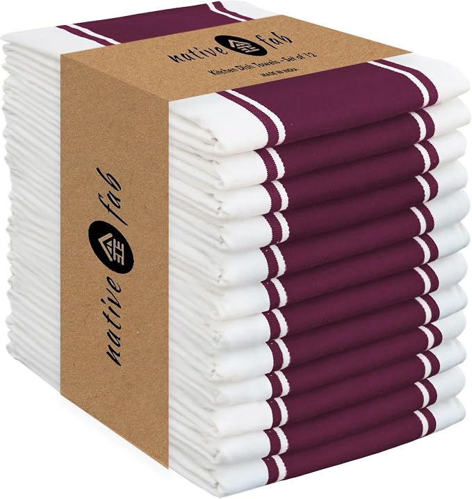 Native Fab Farmhouse Kitchen Towels 18"x28", 12 Pack, Wide Stripe, Super Absorbent, Quick Dry, 100% Cotton Towels for Hand, Dishes Drying, Cleaning Dishcloth Set with Hanging Loop - Burgundy (Maroon)