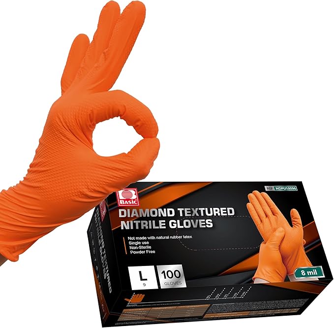 Jointown Basic Heavy Duty Nitrile Gloves, Mechanic Gloves 8 Mil Nitrile Disposable, with Raised Diamond Texture, Case of 100, Orange, Medium