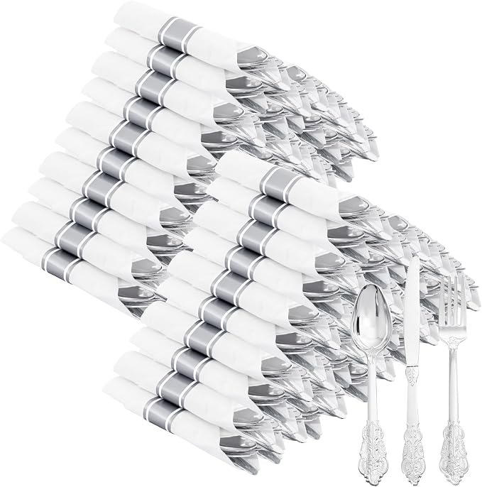 400PCS Pre Rolled Silver Plastic Silverware Sets - Heavy Duty Fancy Silver Cutlery - Include 100 Pack Wrapped Disposable Utensils with Napkins for Parties, Dinners & Weddings