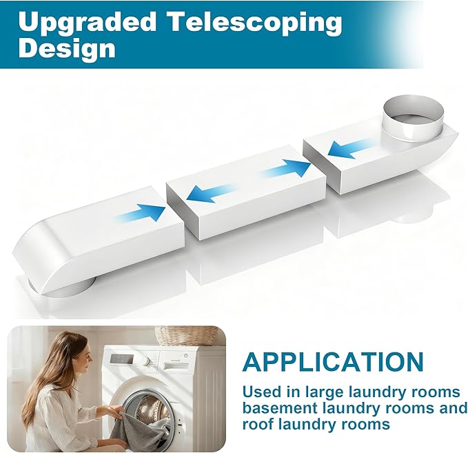 Upgraded Periscope Dryer Vent Kit with Easy-Connect Silicone Adapter, Adjustable 29-45 Inch Stainless Steel Telescoping Duct-Slim Low Profile Vent Design for Tight Spaces, Universal 4" Dryers
