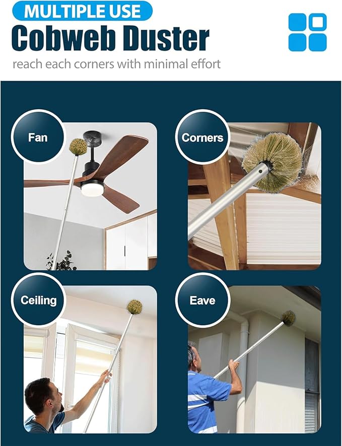Cobweb Duster with Extension Pole, 8 FT Stainless Steel Pole with Spider Web Brush Head Ceiling Fan Duster for Outdoor Indoor Cleaning