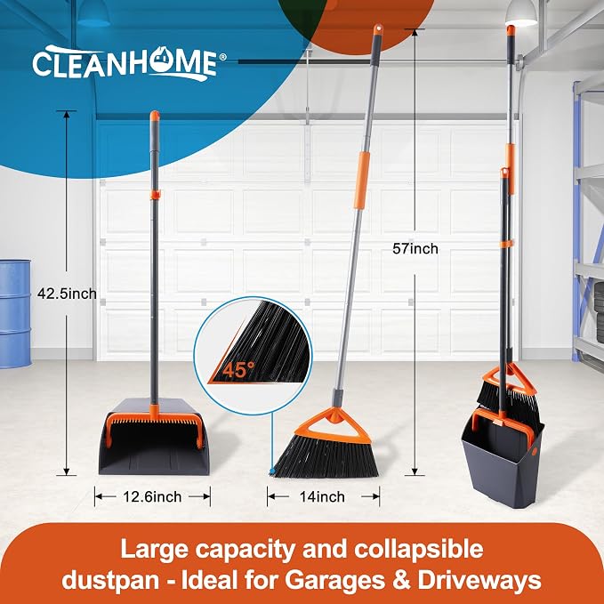 CLEANHOME 24”Push Broom Brush and Heavy Duty Outdoor Broom and Dustpan Set for Shop, Deck, Garage, Concrete,Indoor and Outdoor Sweeping