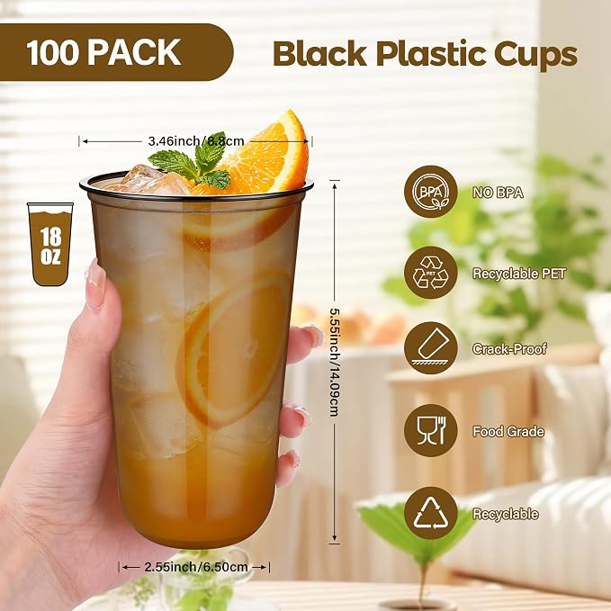 KesaPlan 100 Pcs 18 oz Black Clear Plastic Cups, Disposable Stemless Wine Glasses for Halloween Graduation Party, Round Bottom Plastic Cocktails Cups, Disposable Cold Drinks Cup for Birthday Wedding