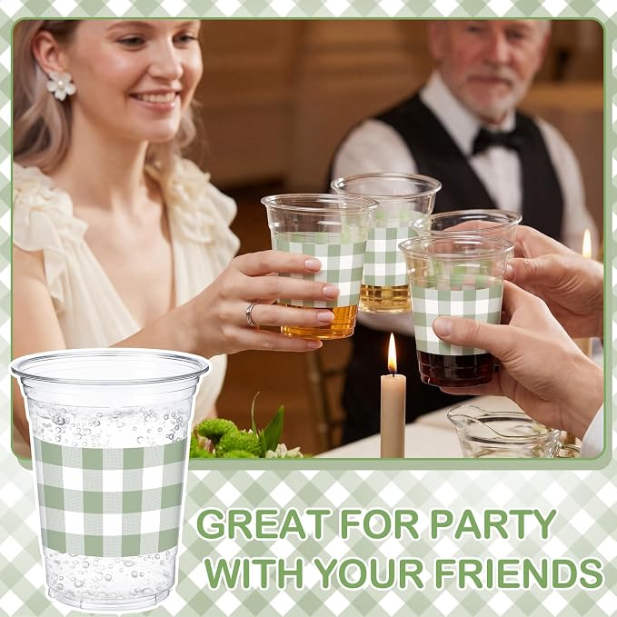 100 Pcs Sage Green Gingham Plastic Cups 12 oz Green Checkered Plaid Disposable Plastic Drinking Cups Bulk for Baby Shower Wedding Birthday Christmas Party Decoration Supplies