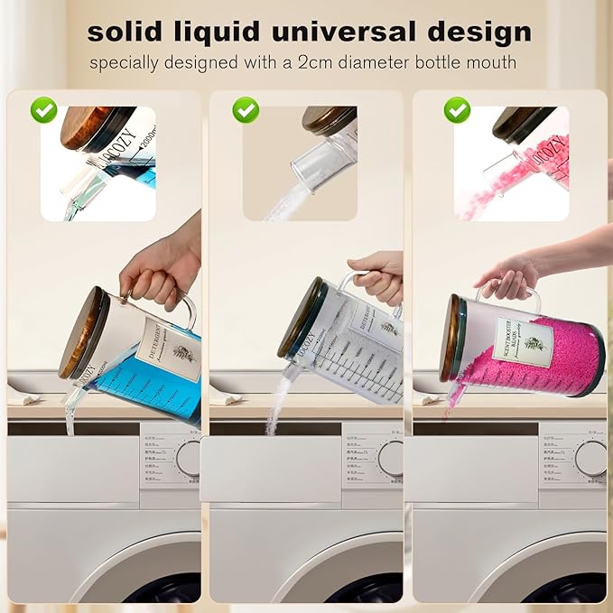 2-Pack 64oz Glass Laundry Detergent Dispenser with Acacia Wood Lid - Airtight Design, Dual oz/ml Scales | Laundry Room Organization & Storage for Fabric Softener, Beads, Powder, Bleach