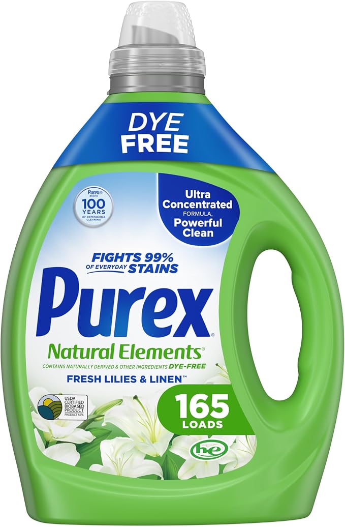 Purex Natural Elements Fresh Lilies & Linen Liquid Detergent, 82.5 oz, 165 Loads, Ultra-Concentrated, Dye-Free, USDA Certified Biobased Product
