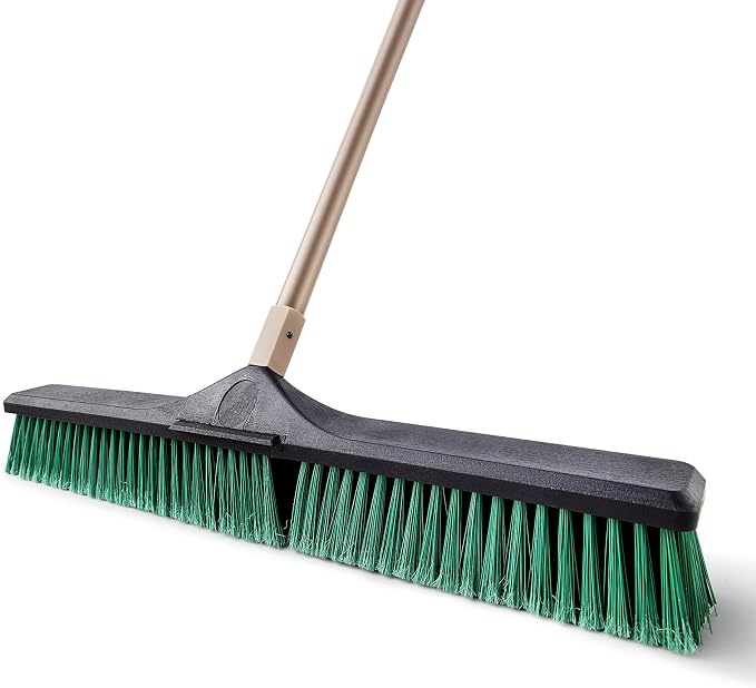 Eyliden Heavy Duty Push Broom 24" with 66" Long Handle | Garage Sweeper, Outdoor Stiff Bristles, For Concrete Sidewalk Driveway Yard Patio Deck Warehouse, Sweep Snow