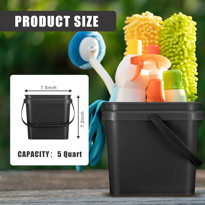 Jingmore 4 Pcs Plastic Bucket 5 Quart Square Bucket Utility Small Pail with Handle Sturdy Pail Organizer for House Cleaning Storage Livestock Feeding Car Washing Food Storage, No Lids(Black)