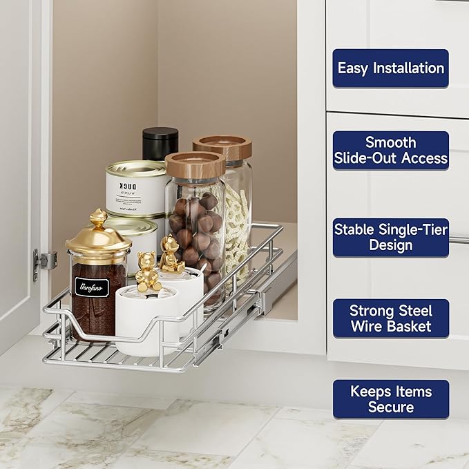 Pull Out Cabinet Organizer, 7.5" W x 21.5" D, Heavy Duty Chrome Slide Out Shelf for Narrow Base Cabinets, Sliding Wire Basket Drawer for Spices, Bottles, Snacks & Cleaning Supplies
