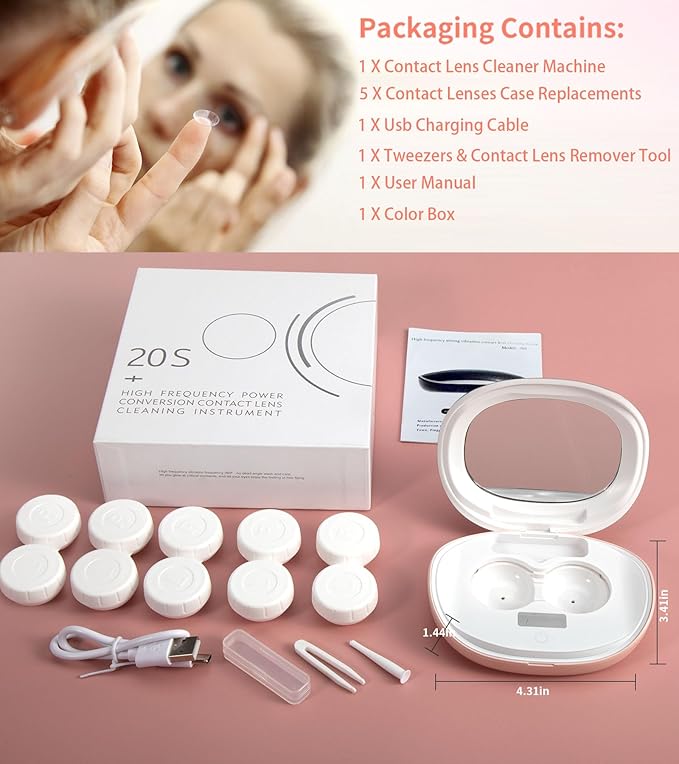 ofone Contact Lens Cleaner, Ultrasonic Contact Lens Cleaning Machine with USB Charger, Timer Display and 5 Contact Solution Cases Kit Replacement for Soft Hard Colored RGP Lenses (Pink)