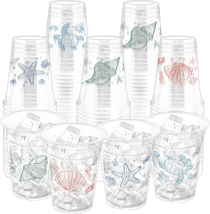100Pcs Ocean Plastic Party Cups, 12oz Sea Party Disposable Clear Cups for Ocean Parties, Birthday, Summer, Sea Drinking Cups, Under the Sea Party Favors (2 Styles)