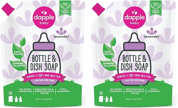 Dapple Baby Lavender Bottle & Dish Soap Refill Pouch - (2 Pack) 33.8 fl oz - Plant-Powered Cleaner for Baby Bottles, Pump Parts, and Sippy Cups