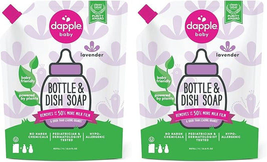 Dapple Baby Lavender Bottle & Dish Soap Refill Pouch - (2 Pack) 33.8 fl oz - Plant-Powered Cleaner for Baby Bottles, Pump Parts, and Sippy Cups