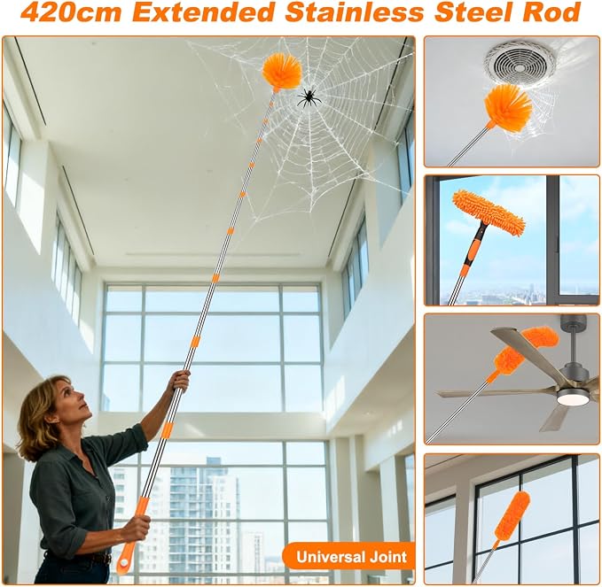 Cobweb Duster Kit and Window Squeegee Cleaner Tool with Extension Pole: 165 Inch 4-in-1 High Ceiling Dusting and Window Cleaning Kit - Cobweb Duster and Feather Duster