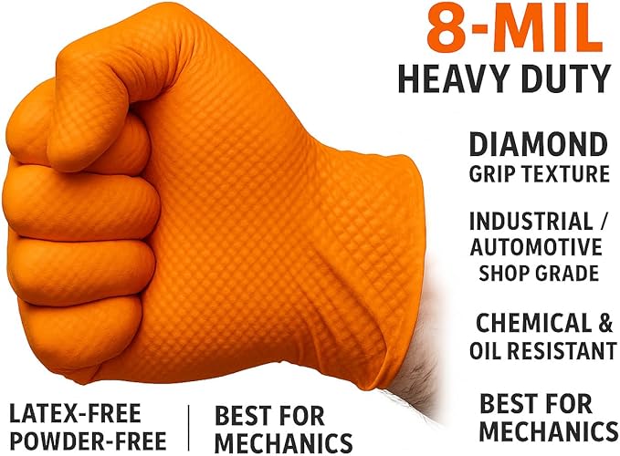 AroCare 8 Mil Orange Nitrile Gloves,3D Raised Diamond Texture-Latex & Powder Free-Industrial, Mechanic