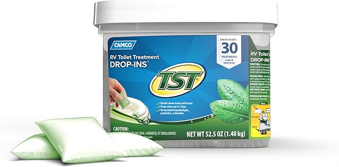 Camco TST RV Toilet Treatment Drop-INs - Control Unwanted Odors and Break Down Waste and Tissue - Safe Septic Tank Treatment - Fresh Scent - 30-Pack (40263)