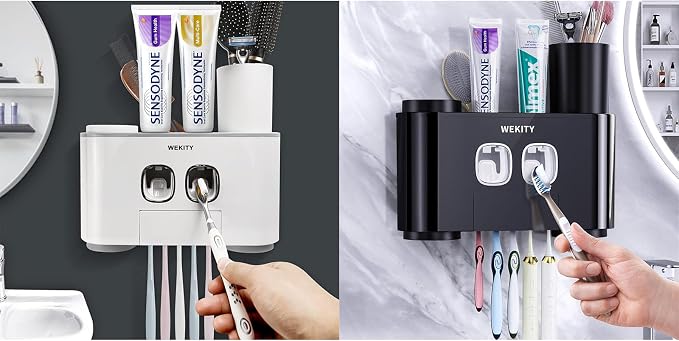 2 Toothbrush Holders Wall Mounted, Multi-Functional Toothbrush Holder,Toothpaste Dispenser for Bathroom with 5 Toothbrush Slots, 2 Toothpaste Squeezers and 4 Cups