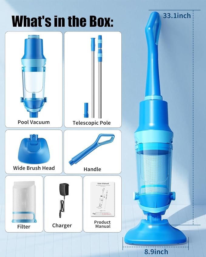 Cordless Pool Vacuum for Inground & Above Ground Pools: 23.8 GPM Powerful Stable Suction, Telescopic Pole up to 90.6", 60-Min Runtime, Extra-Large Filter & Rechargeable Pool Cleaner for Spas/Hot Tubs