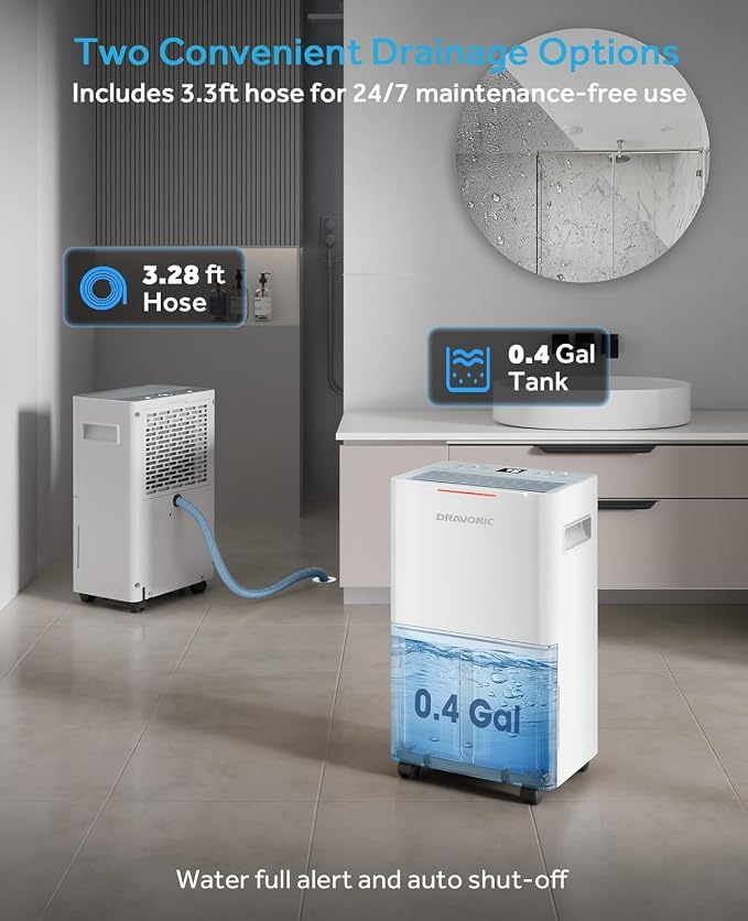 Dehumidifier for Basement, Laundry Room & Closet, Color Humidity Light, Continuous Drain Hose, 3 Modes, DRY Mode for Indoor Clothes, Auto Humidity Control (White, 1,500 Sq.Ft)