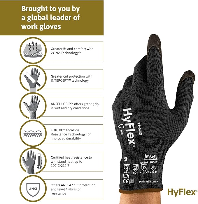 HyFlex 11-542 Cut/Heat-Resistant Kevlar Mechanical Work Gloves w/Nitrile Palm for Machinery, EMS, Automotive - Size 9, Black (12 Pairs)