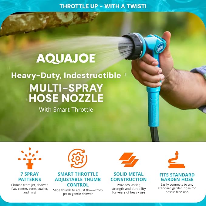 Aqua Joe Multi-Function Hose Nozzle with Smart Throttle and 7 Sprayer Patterns Bundled with Oscillating Sprinkler with Adjustable Spray