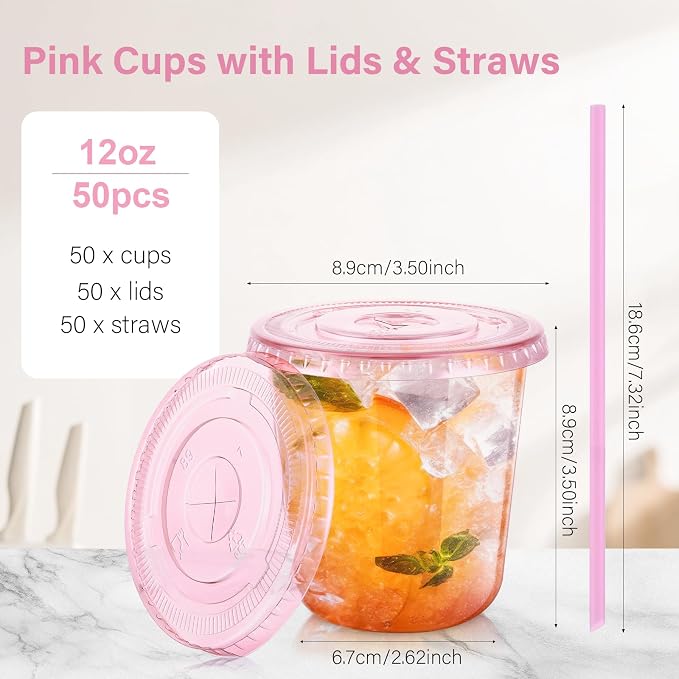 KesaPlan 50 Pack 12 oz Pink Plastic Party Cups with Lids and Straws, Disposable Iced Coffee Cup with Lids, Round Bottom Drinking Cups for Birthday Wedding Valentine's Galentine's Bachelorette Party