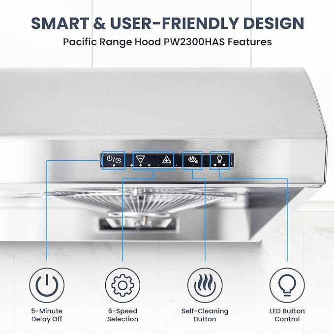 Pacific Range Hood, 900 CFM, 30 Inches, Stainless Steel, Auto Heat Cleaning, 3-way ducting options, PW2300HAS