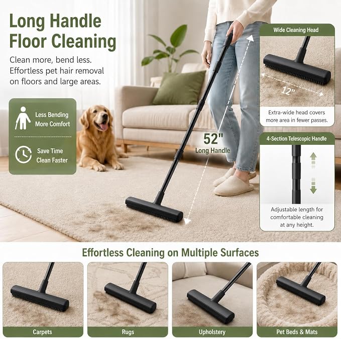 GOOGO Pet Hair Removal Kit, Black Carpet Rake and Scraper | Designed for daily fur pickup on carpets, upholstery, pet beds and car mats, with a long handle rake, scraper and glove.