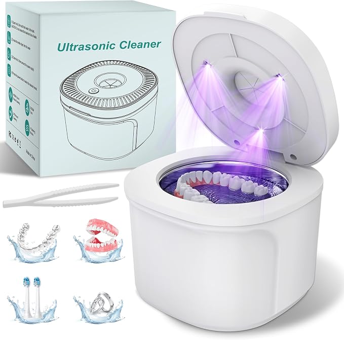 Ultrasonic Retainer Cleaner, Dental Cleaning Pod with U-V Lights, 45kHz Retainer Cleaner Machine for Dentures, Toothbrush Heads, Jewelry, Aligner, Night Mouth Guards (White)