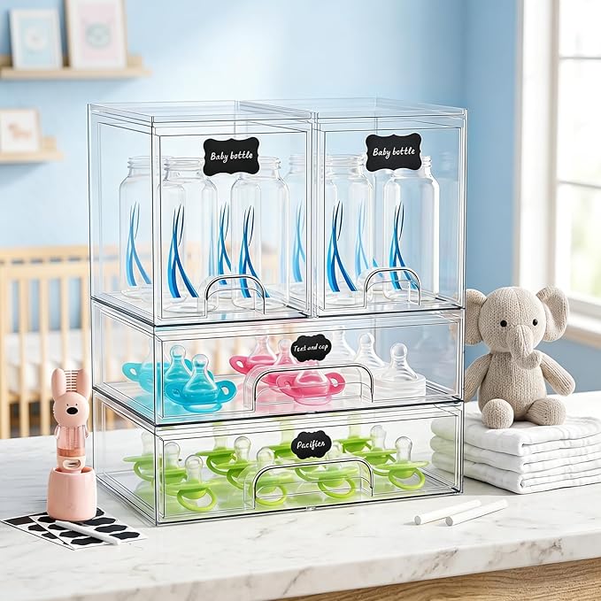 TOOGE Stackable Baby Bottle Organizer: Acrylic Bottle Organizer Baby Storage Drawers Clear Bottle Station Organization for Countertop Cabinet Vanity with 4 in 1 Cup Lid Cleaning Brush & Label - Wide