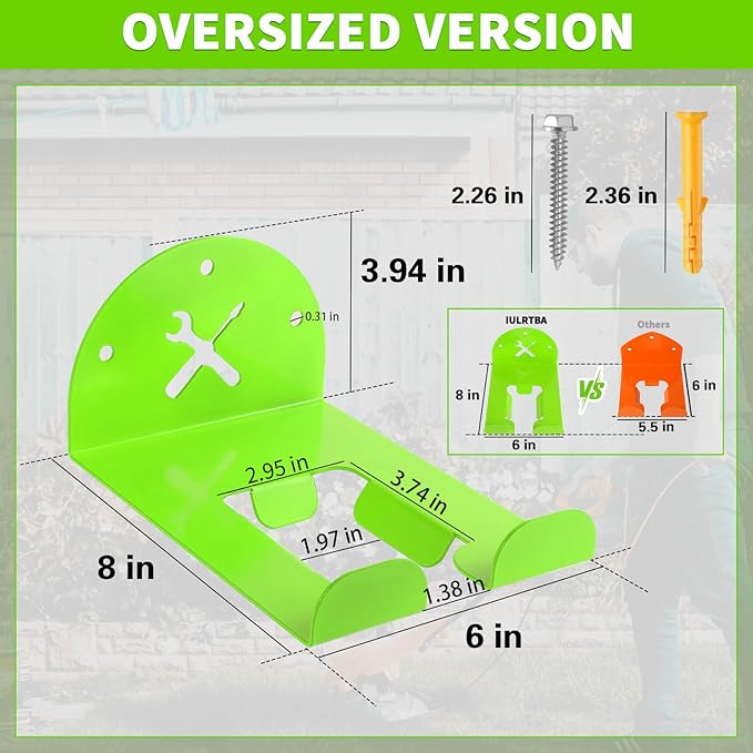 Upgraded Trimmer Rack Wall Mount - 8" Heavy Duty Weed Eater Hanger for Garage Wall, Garden Power Tool Holder Organizer Hooks for Grass Trimmer, Hedge Trimmer, Leaf Blower and Chainsaw, Green, 1 Pack