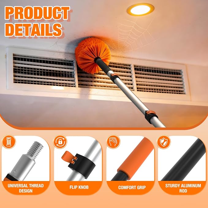LAANPOLE 24FT Cobweb Duster with Extension Pole, Spider Web Brush for Cleaning Extendable, Professional Ceiling and Corner Dusters for Outdoor Indoor Use