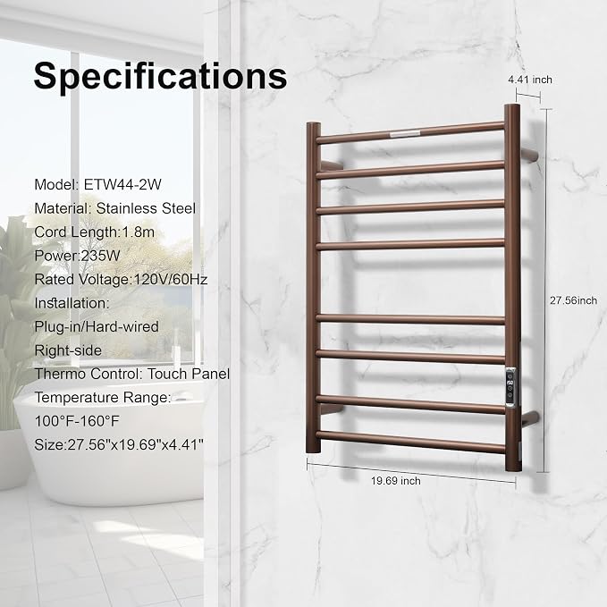 Electric Heated Towel Warmer - Wall Mounted Bathroom Towel Rack, Plug-in Design & Gold Brushed Stainless Steel Finish 8 Bar ORB with Timer & Temperature Control