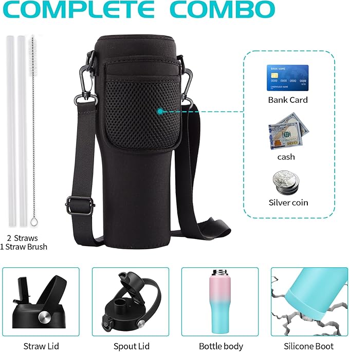 Stainless Steel Water-Bottles Fits in Cup Holder - 40 oz Water Bottle with Straw & Sleeve, Keeps Cold 48h/Hot 24h, Tumbler with Handle for Women & Men