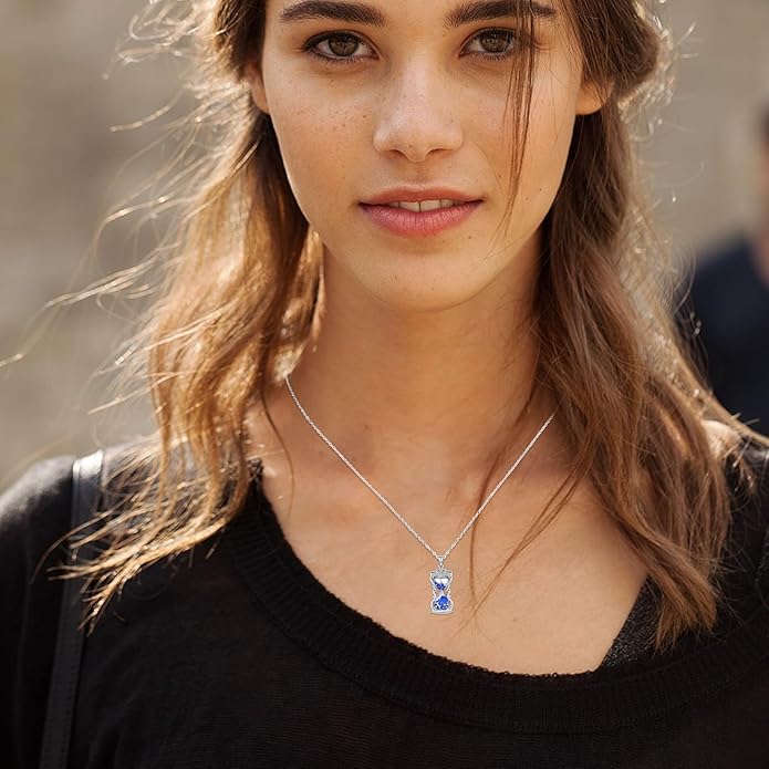 Hourglass Necklace 925 Sterling Silver Sun Moon Star Time Hourglass Pendant Necklaces Blue Memorial Jewelry for Women With 18+2 In Chain
