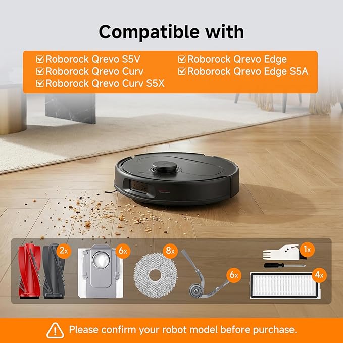 30PCS Qrevo Curv Accessories for Roborock Qrevo S5V/Qrevo Curv/Qrevo Edge S5A/Qrevo Curv S5X/Qrevo Edge,Qrevo S5V Replacement Parts: 4 Main Brushes,6 Side Brushes,8 Mop Pads,4 HEPA Filters,6 Dust Bags