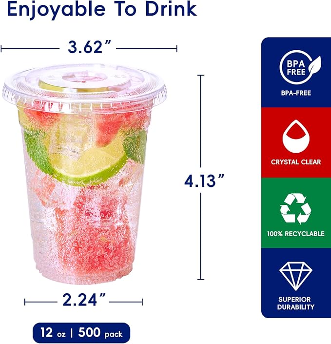 JOLLY CHEF 12 oz Plastic Cups with Lids, 500 Packs Crystal PET Clear Cups, Disposable Ice Coffee Cups with Lids For Coffee Milkshake Daily Use, Party, Wedding, Christmas