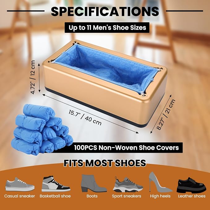 Automatic Shoe Cover Dispenser with 100 Non-Woven Shoe Covers, Hands-Free Design for Home, Office & Laboratory, Durable Silver Machine Keeps Floors Clean, Shoe Cover Machine (Golden)