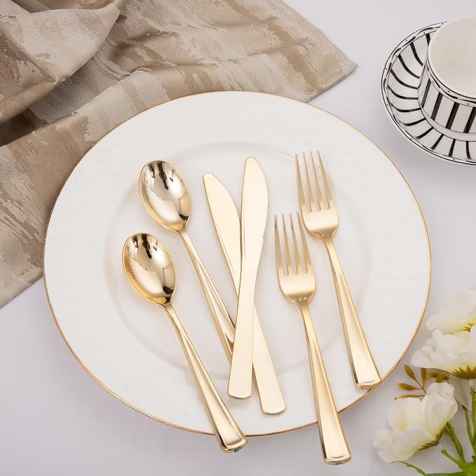 Liacere 200Pcs Gold Plastic Silverware-Gold Plastic Cutlery - Disposable Silverware include 100 Forks 50 Spoons 50 Knives Perfect for Parties & Weddings & Restaurants &Events