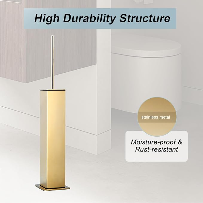 Gold Toilet Brush with Holder 304 Stainless Steel Toilet Bowl Brush, Square Bathroom Cleaner Brush