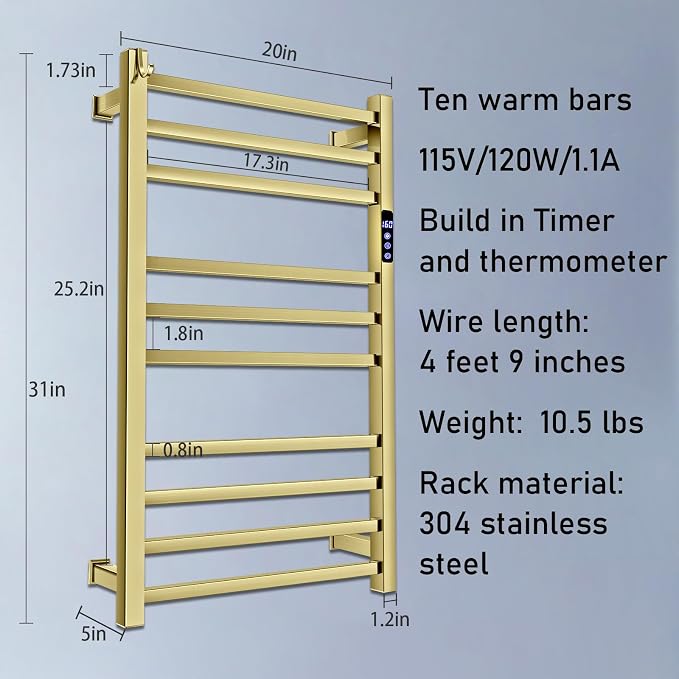 XBVV Towel Warmer Rack for Bathroom with Timer/Fahrenheit Temperature Control Wall Mounted Electric Heated 10 Bar Rail Plug-in or Hardwired Keep Bath Shower Towel Warming (Brushed Gold)