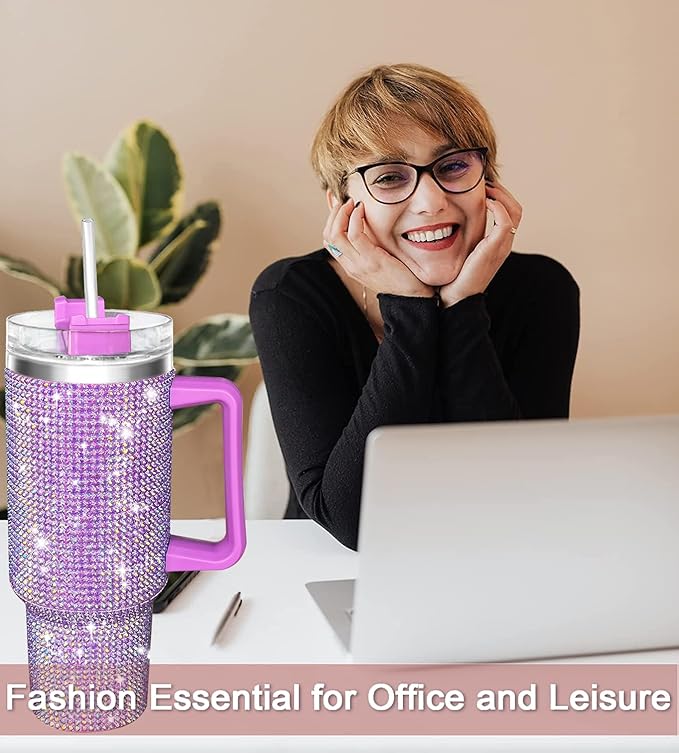 HWISDMIG 40oz Tumbler with Handle-Glitter Rhinestones Tumbler Bling Cups Stainless Steel Water Bottle Diamond Studded Tumbler for Women-Birthday Gifts for Women, Mom, Wife, Girlfriend (40 oz,Lilac)